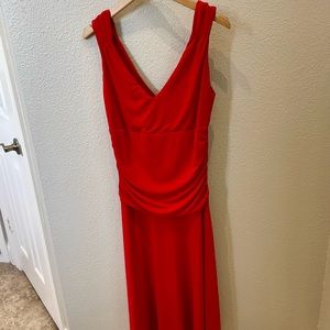 Red V-Neck Tea Length Dress